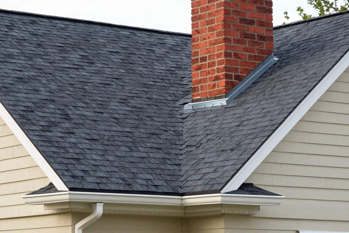 AI illustration of a shingle roof and chimney flashing for repair planning